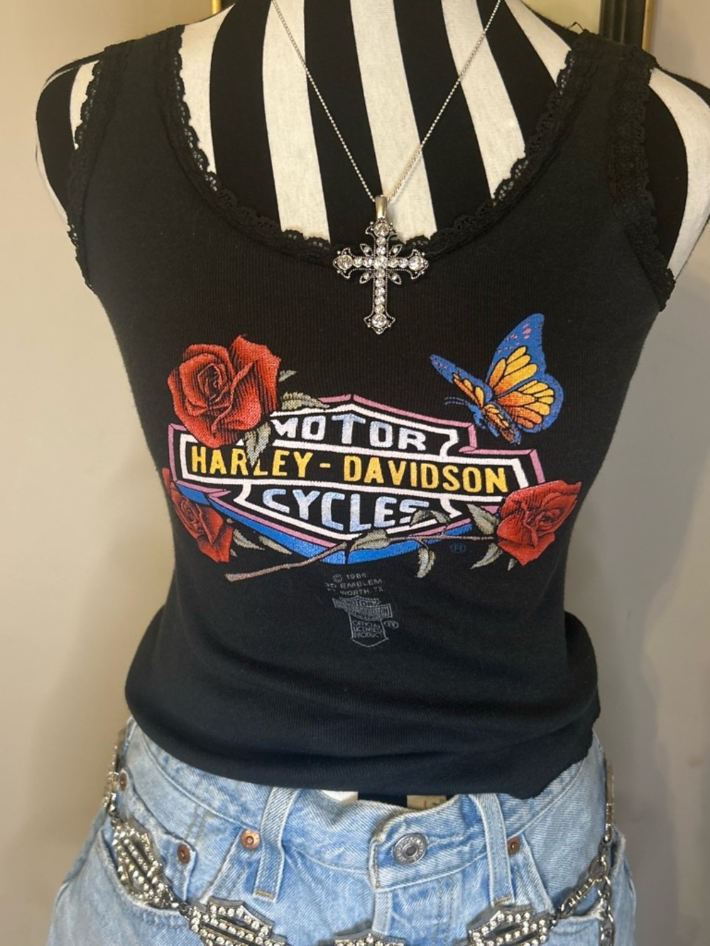 Vintage1989 Harley-Davidson Women’s Black Graphic Tank Top with Rose & Butterfly
